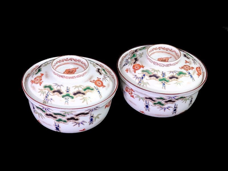 九谷　金襴手　松竹梅の図　大振蓋茶碗　２客　E938AS-CQx