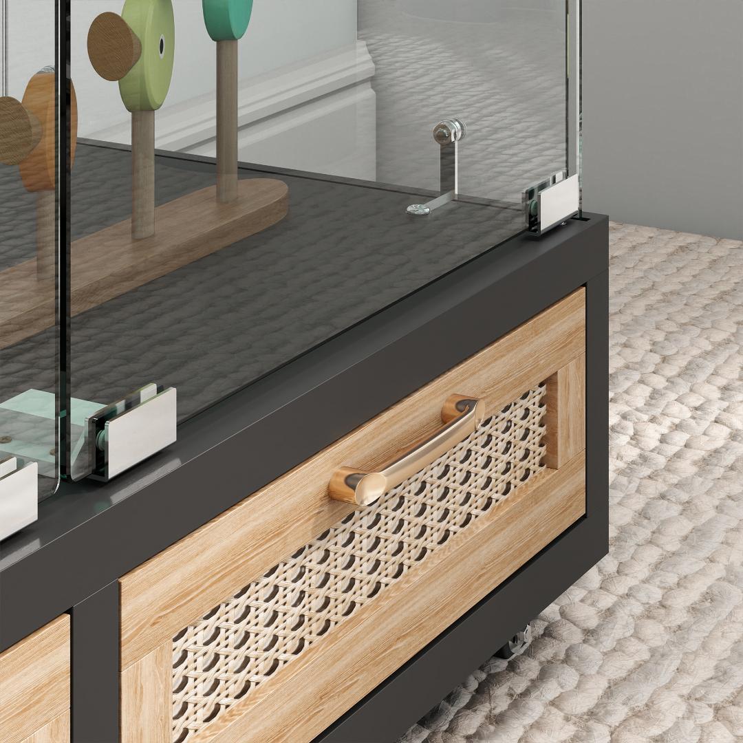 【ブラック+ナチュラル】LED・引出し付 ガラス収納キャビネット4段 両開ドア