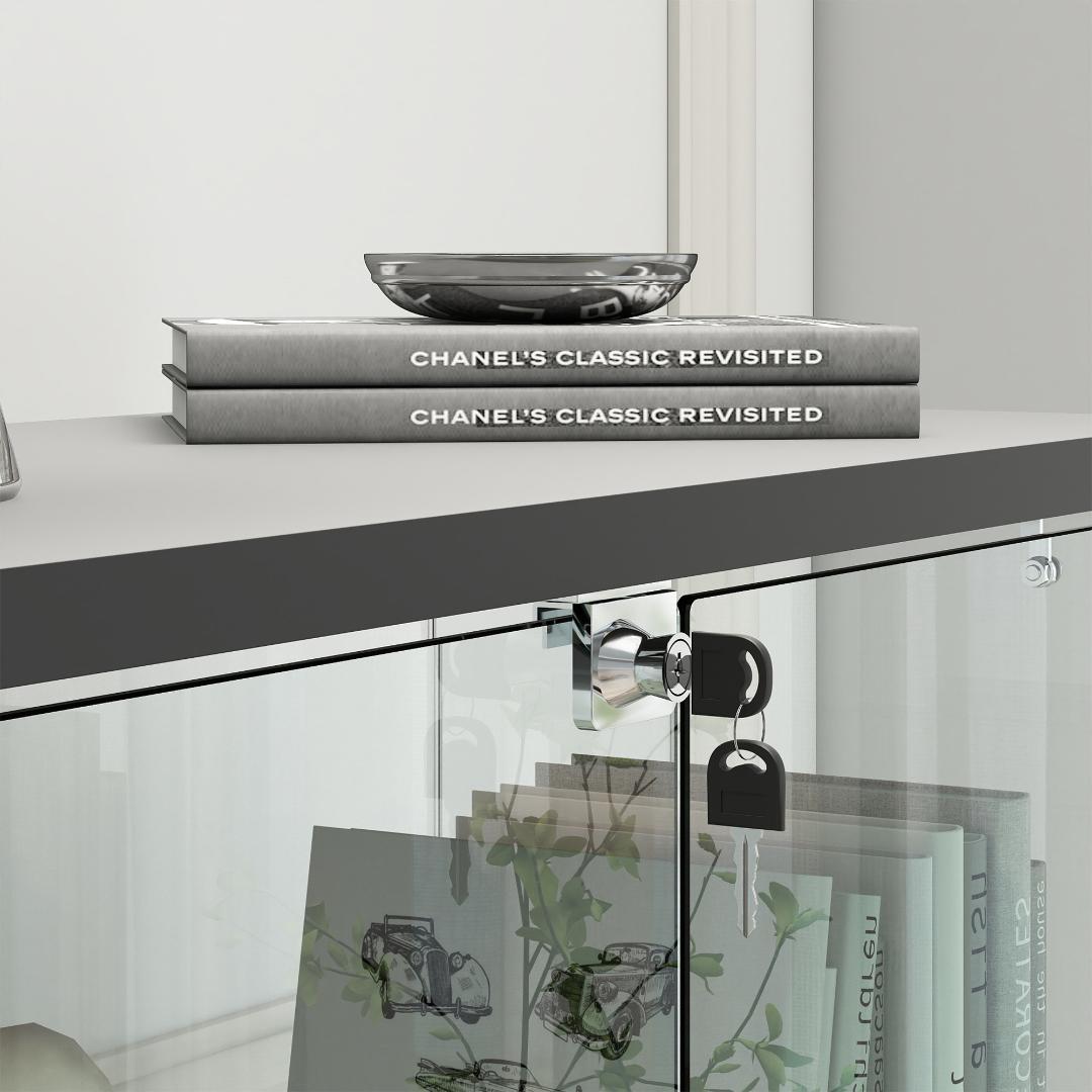 【ブラック+ナチュラル】LED・引出し付 ガラス収納キャビネット4段 両開ドア