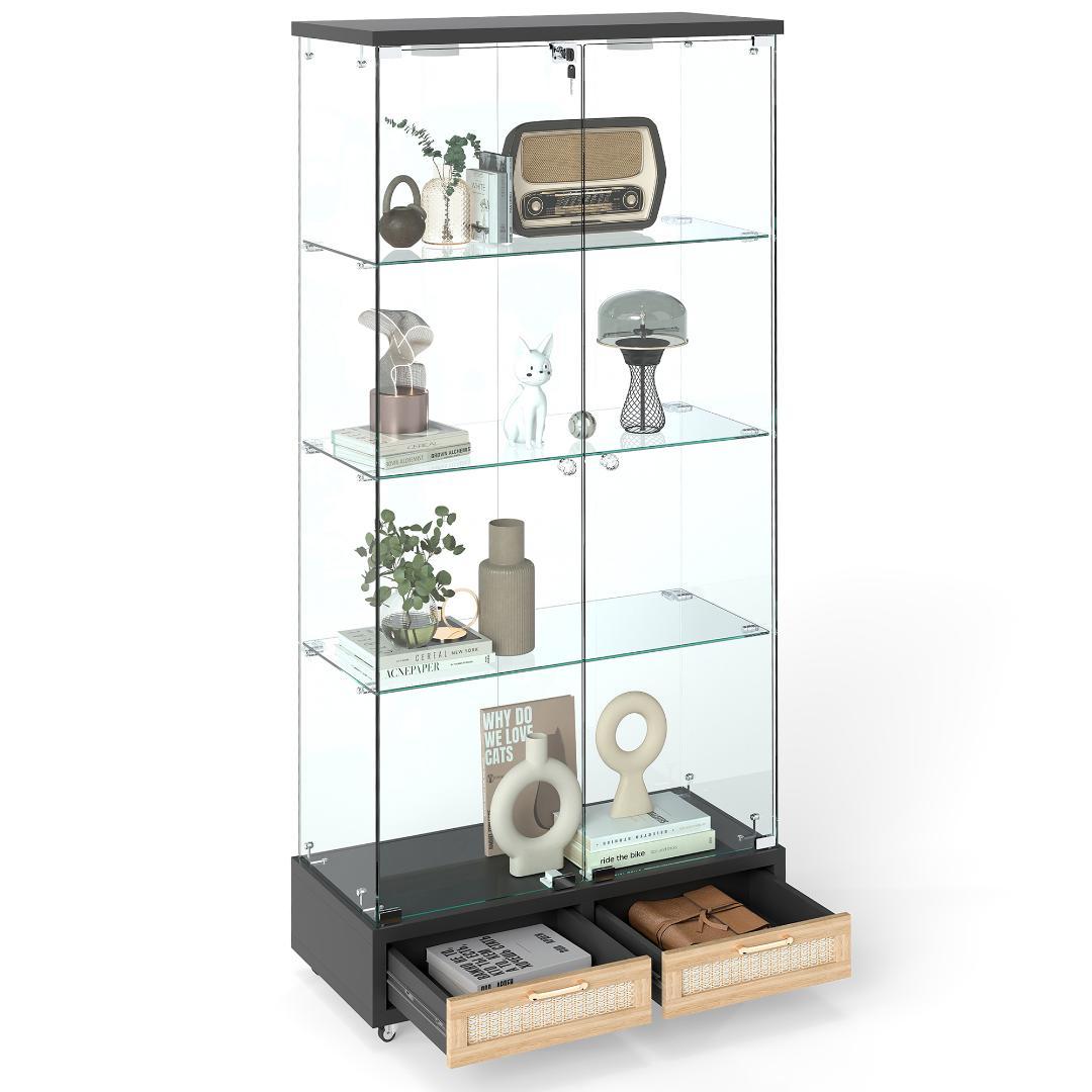 【ブラック+ナチュラル】LED・引出し付 ガラス収納キャビネット4段 両開ドア