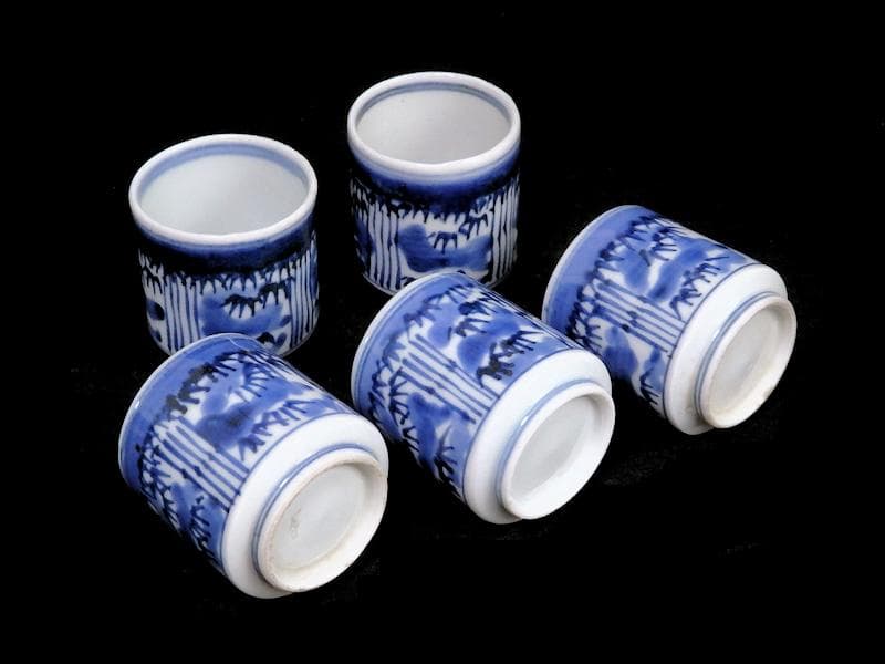 古伊万里　染付　雪持ち笹の図　猪口　のぞき ５客　A787AS-CBb