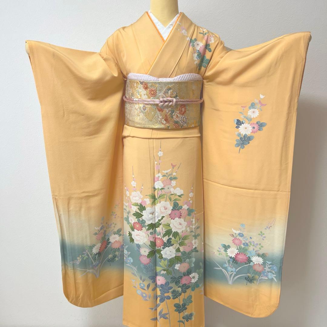 401 振袖フルセット 正絹 オレンジ 橙 友禅 作家物 暈し染め やまと誂え