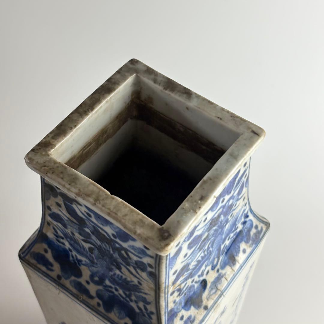 中国 染付 山水文 四方花瓶 花器 花入 古陶磁