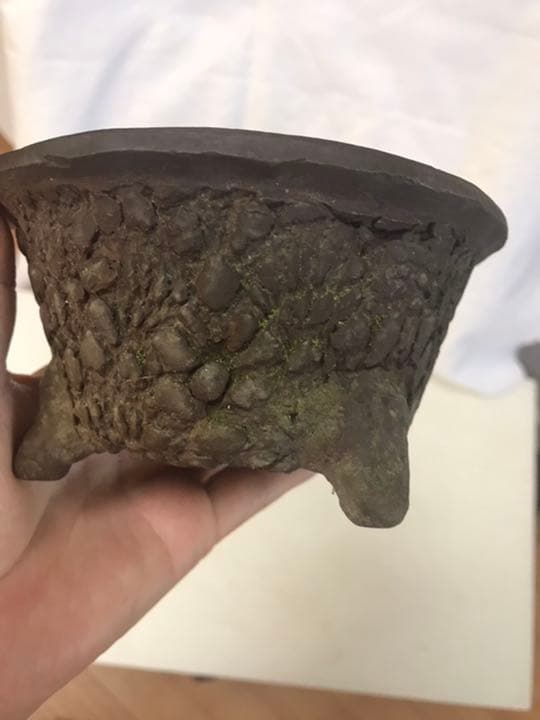 盆栽鉢　時代古盆栽鉢苔むし杉浦手捻り手作り鉢1点もの松皮小品丸鉢