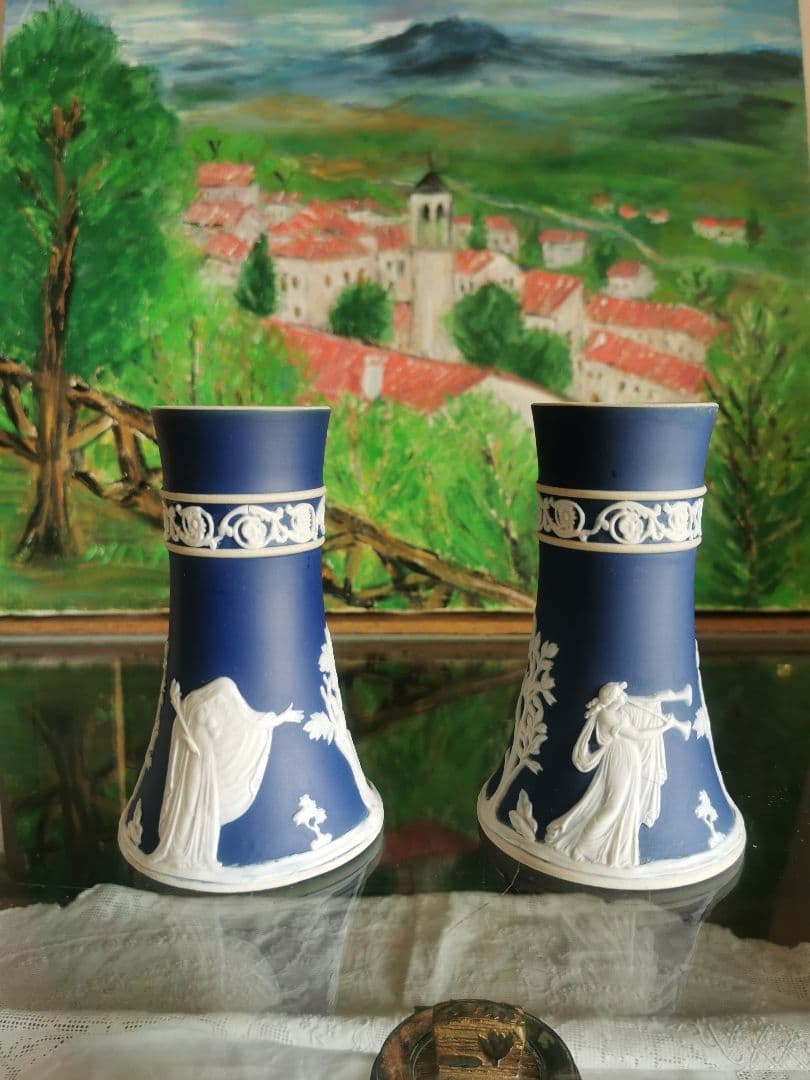 アンティーク英国 アダムスジャスパー カメオ技法 古ラッパ供物の女性像ペアベース