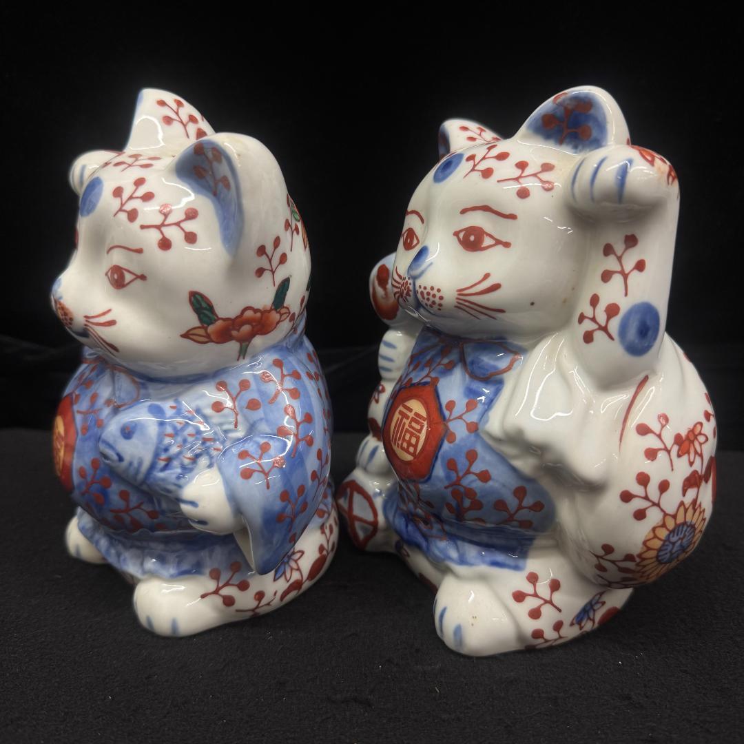 希少！伊万里焼　招き猫　置物　縁起物 右手上げ左手上げ2体セット