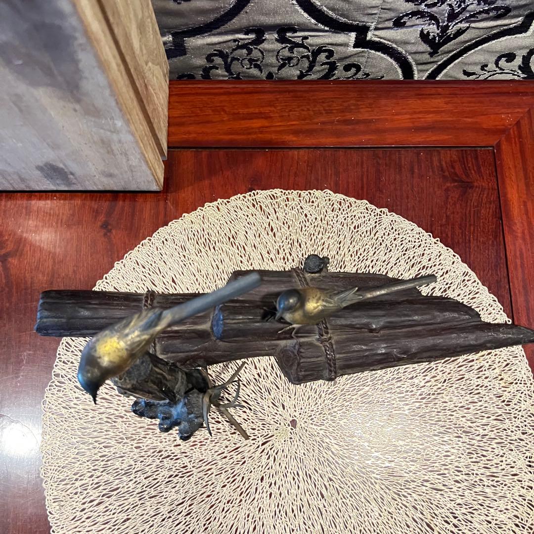 鋳銅製　置物　筏に鶺鴒　いかだにせきれい　筏乗鶺鴒　Japan