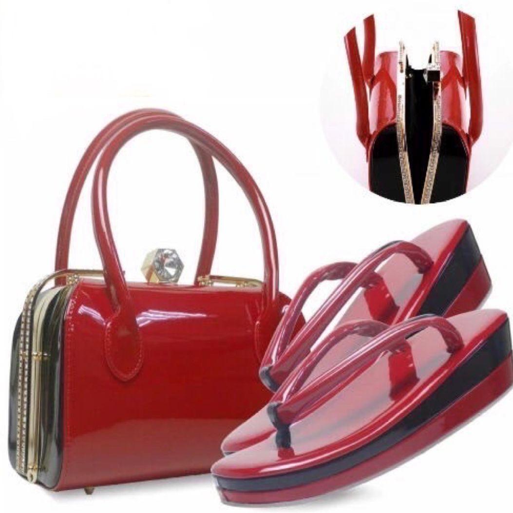 赤エナメル　和装バック&草履セット