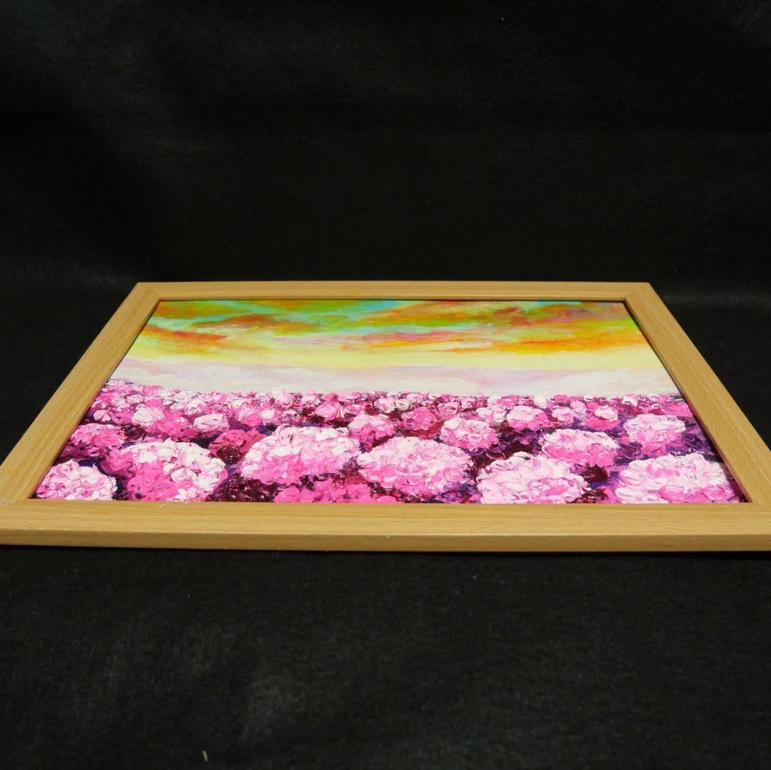 油絵 油彩 油彩画 絵 絵画【天空の夕日と紫陽花】