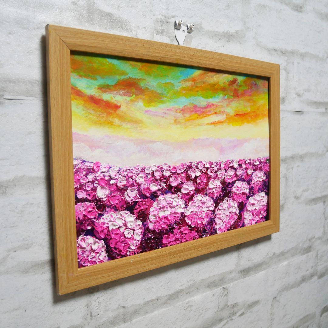 油絵 油彩 油彩画 絵 絵画【天空の夕日と紫陽花】