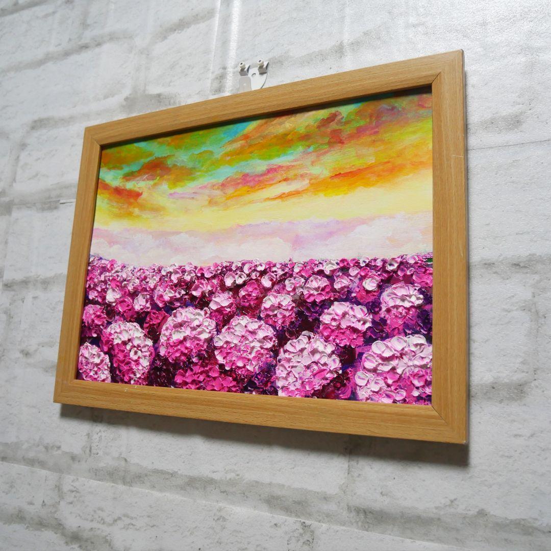 油絵 油彩 油彩画 絵 絵画【天空の夕日と紫陽花】