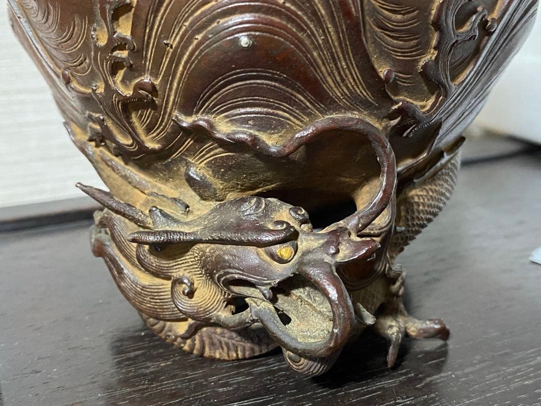 ♦蝋型細密鋳金 象嵌 波乗り兎 波千鳥文 波乗り龍足 香炉 唐金 美術品 骨董品
