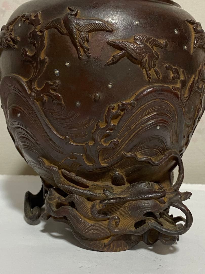 ♦蝋型細密鋳金 象嵌 波乗り兎 波千鳥文 波乗り龍足 香炉 唐金 美術品 骨董品