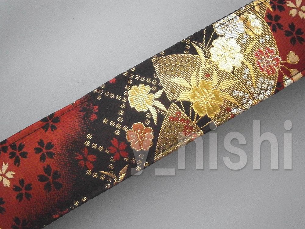 京都 西陣織 和柄ギターストラップ 扇柄/赤-黒 金襴生地使用 ハンドメイド