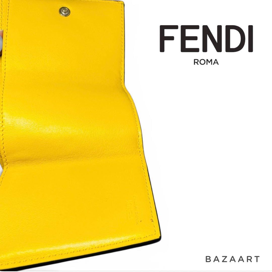 FENDI フェンディ 三つ折り財布 レザー ズッカ 黄色 イエロー ブラウン