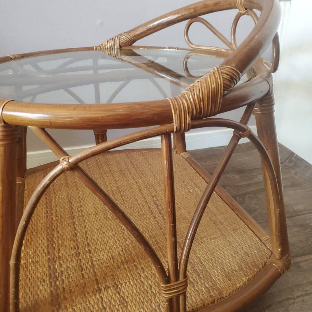 ラタン 円形 ガラステーブル 籐 レトロ アンティーク キャスター付き