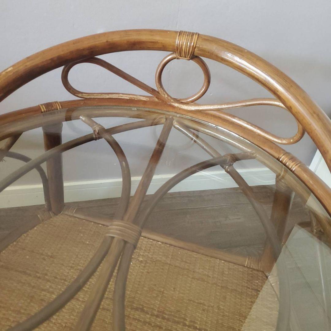 ラタン 円形 ガラステーブル 籐 レトロ アンティーク キャスター付き