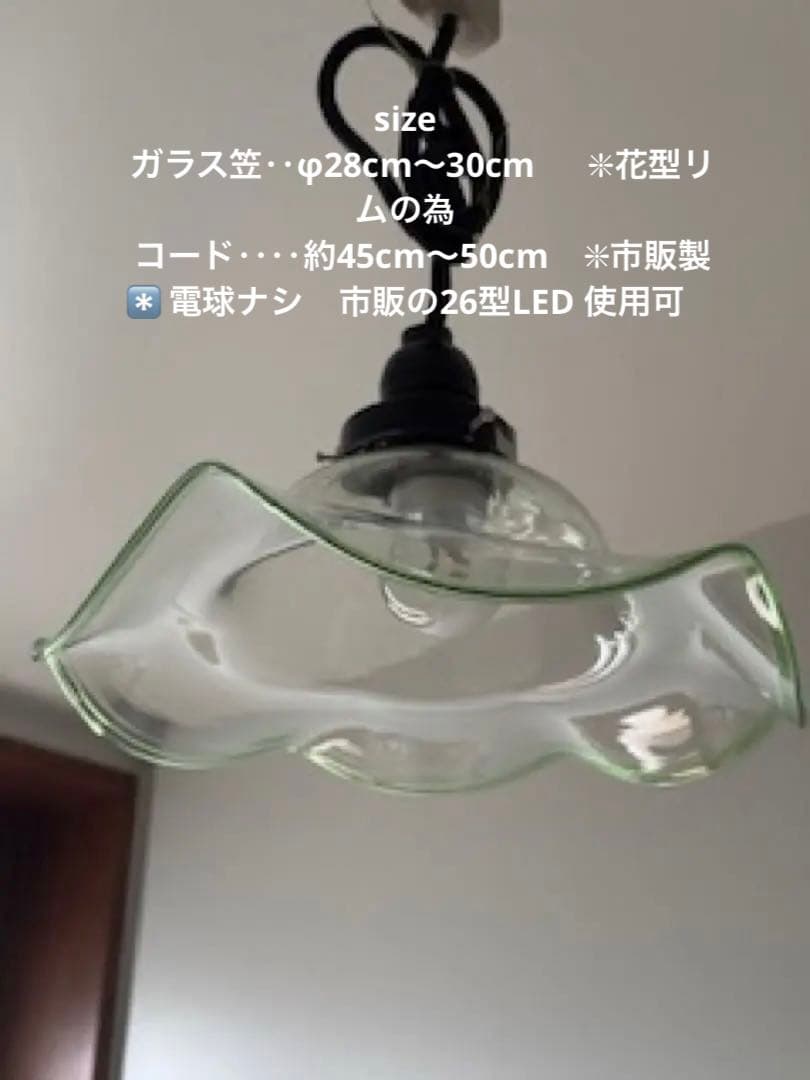 *️⃣プロフ必読！アンティーク 花リム ペンダントライト 透明・緑の縁 ガラス②