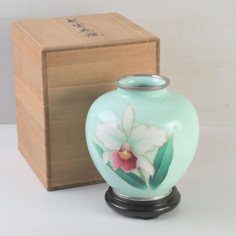 七宝焼　花文　花瓶　唐木台付　共箱　V　9254