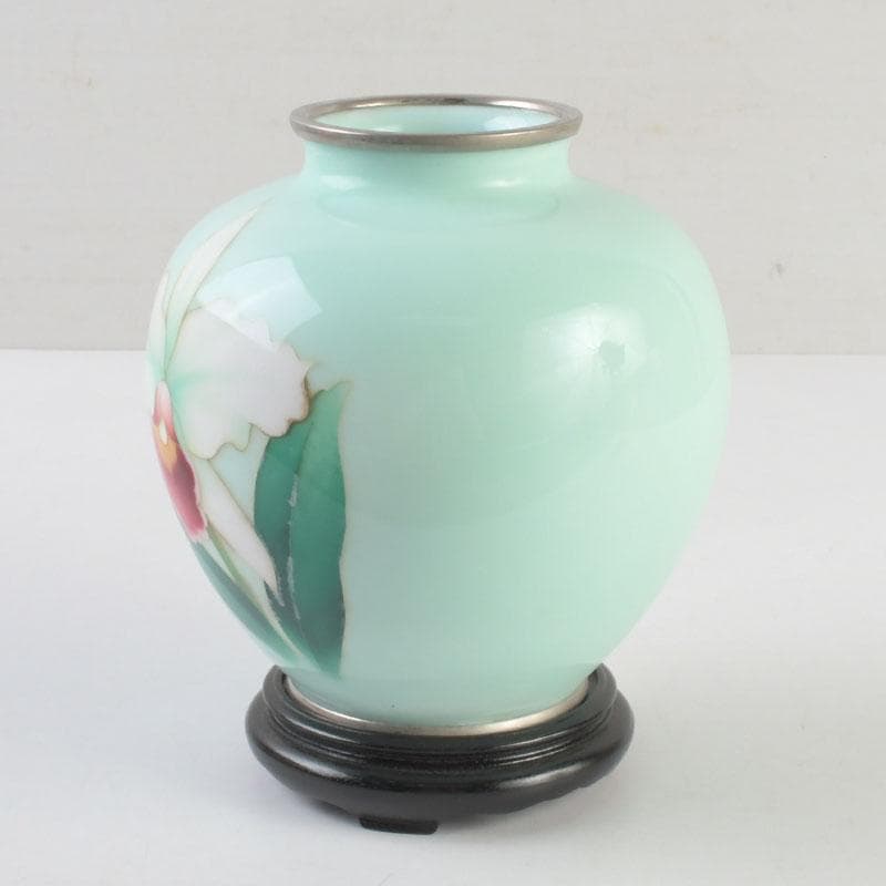 七宝焼　花文　花瓶　唐木台付　共箱　V　9254