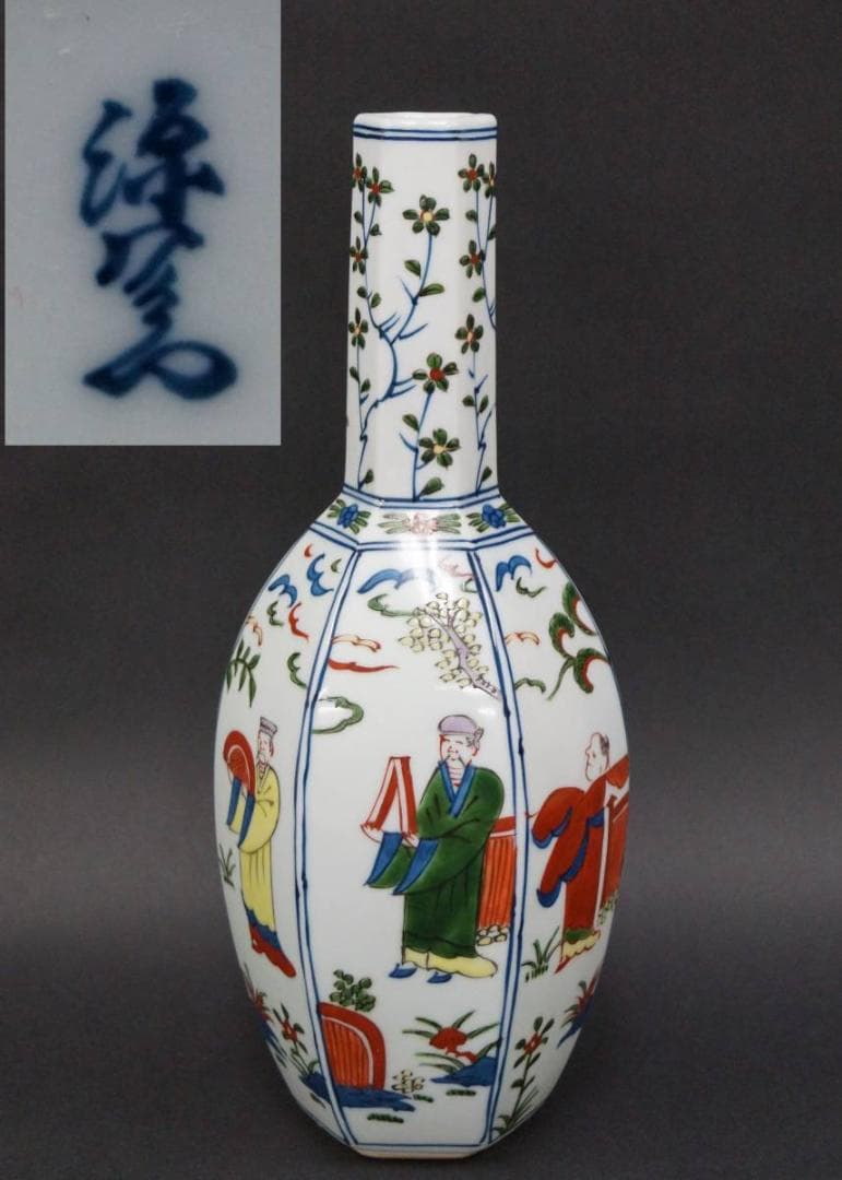 源右衛門造 染錦『萬歴風唐人物文』六角 花入 花瓶 / 花器 茶道具