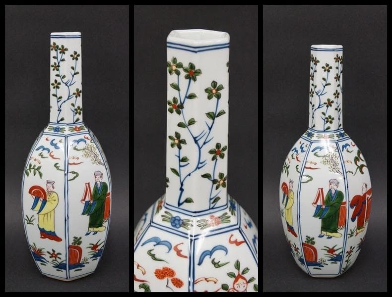 源右衛門造 染錦『萬歴風唐人物文』六角 花入 花瓶 / 花器 茶道具