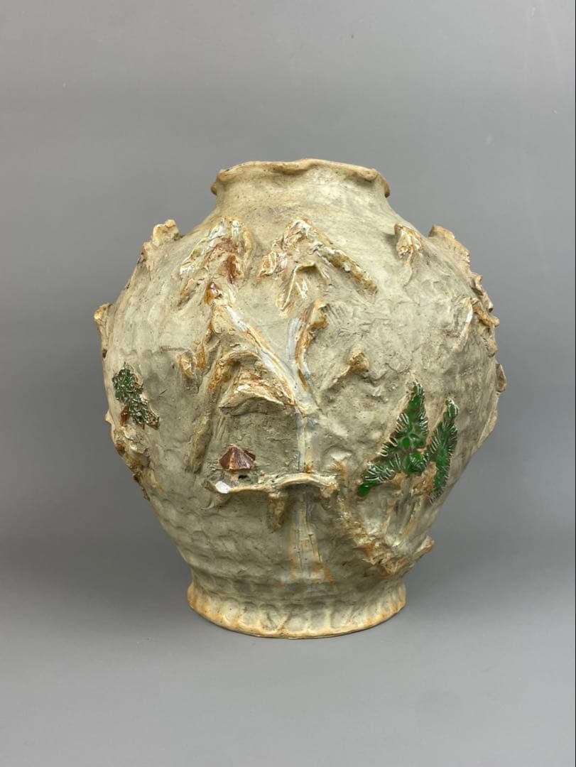 古鍋島 花瓶 青緑山水浮彫 細密細工 飾壺 銘工 在銘 作家物