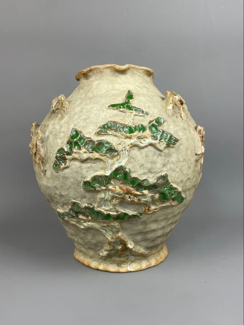 古鍋島 花瓶 青緑山水浮彫 細密細工 飾壺 銘工 在銘 作家物