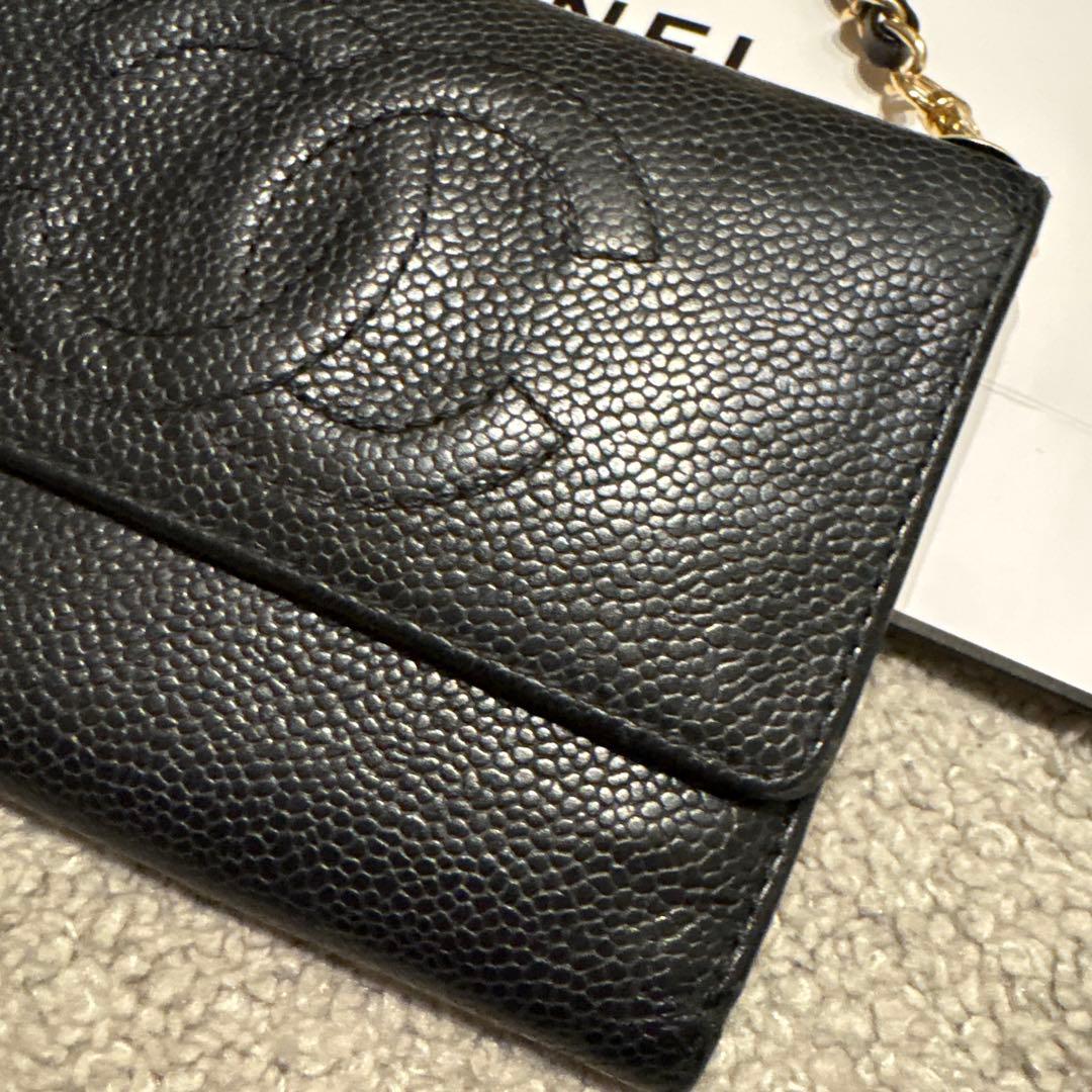【CHANEL】シャネル　キャビアスキン　三つ折り財布　チェーンウォレット