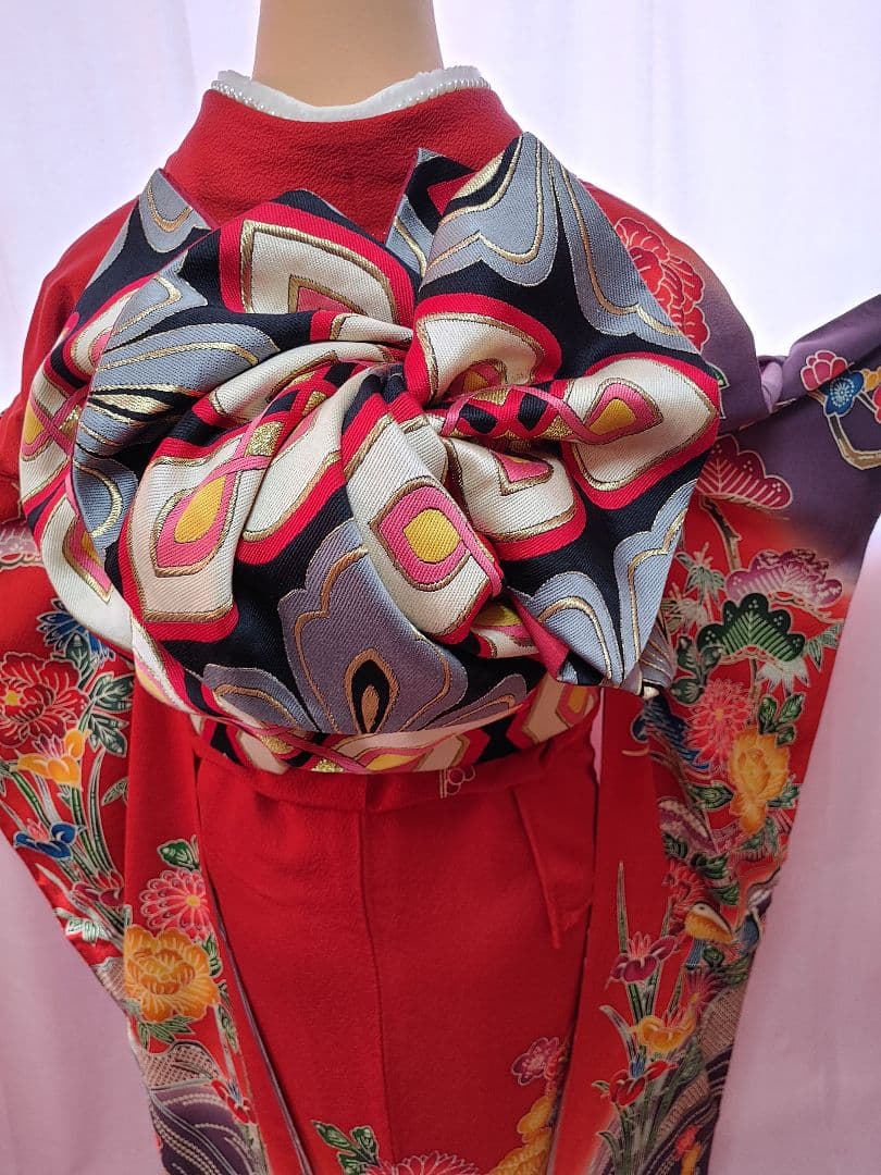 振袖　袋帯　帯揚げ　帯締め　セット　赤　染め分け　草花