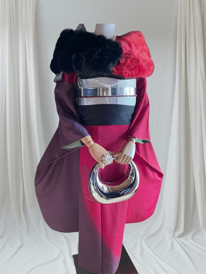 山本寛斎 染め分け ボルドー 振袖 フルセット ファーショール付き