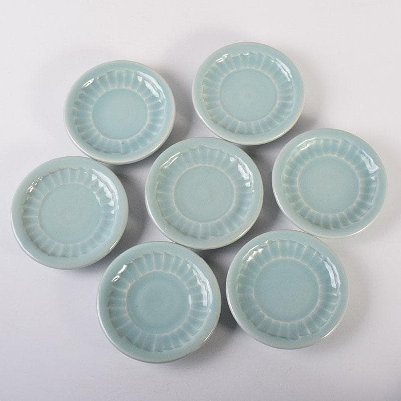 和食器　木野皿山窯　上田恒次作　青磁鎬手　銘々皿　7客　共箱　V　R7751