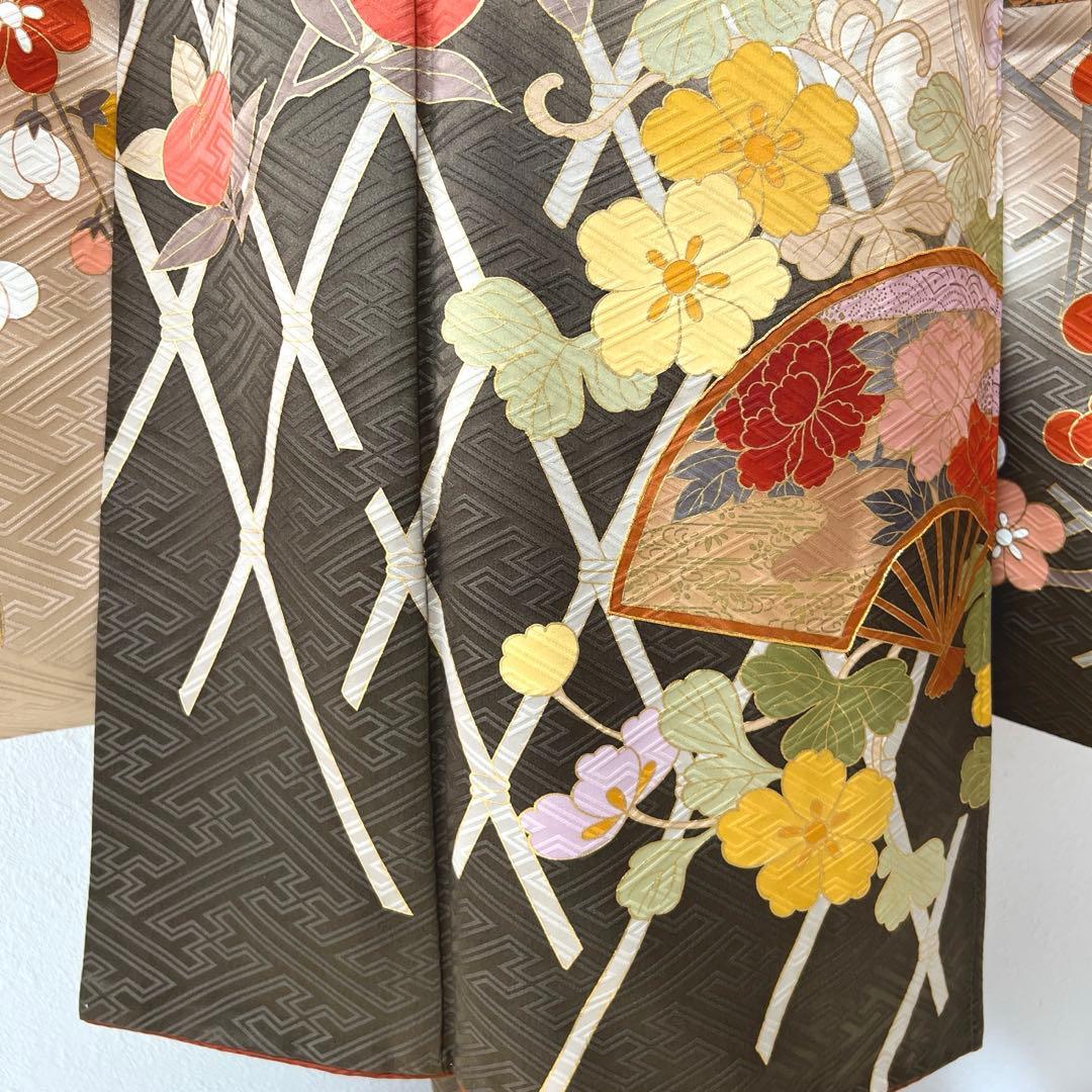 370 振袖フルセット 正絹 ベージュ 茶 金彩 駒刺繍 暈し染め アースカラー
