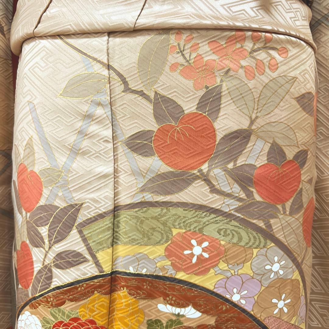 370 振袖フルセット 正絹 ベージュ 茶 金彩 駒刺繍 暈し染め アースカラー