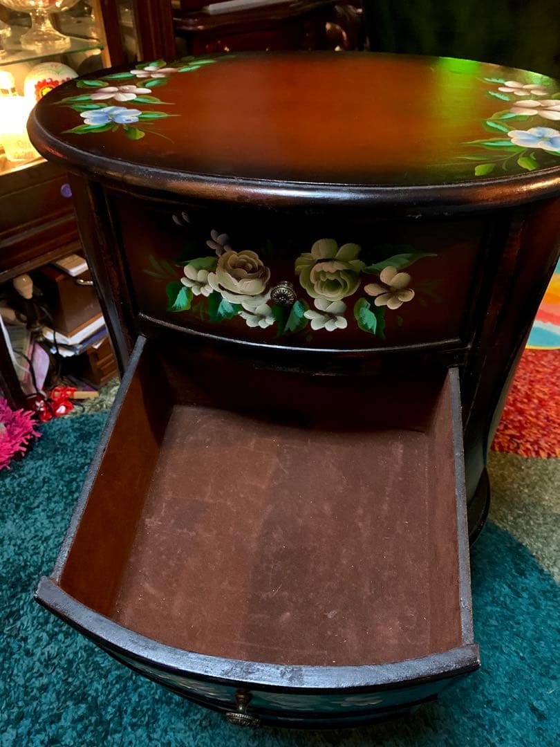 アンティークトールペイントチェスト猫脚花柄ペイント ロココ調サイドテーブル