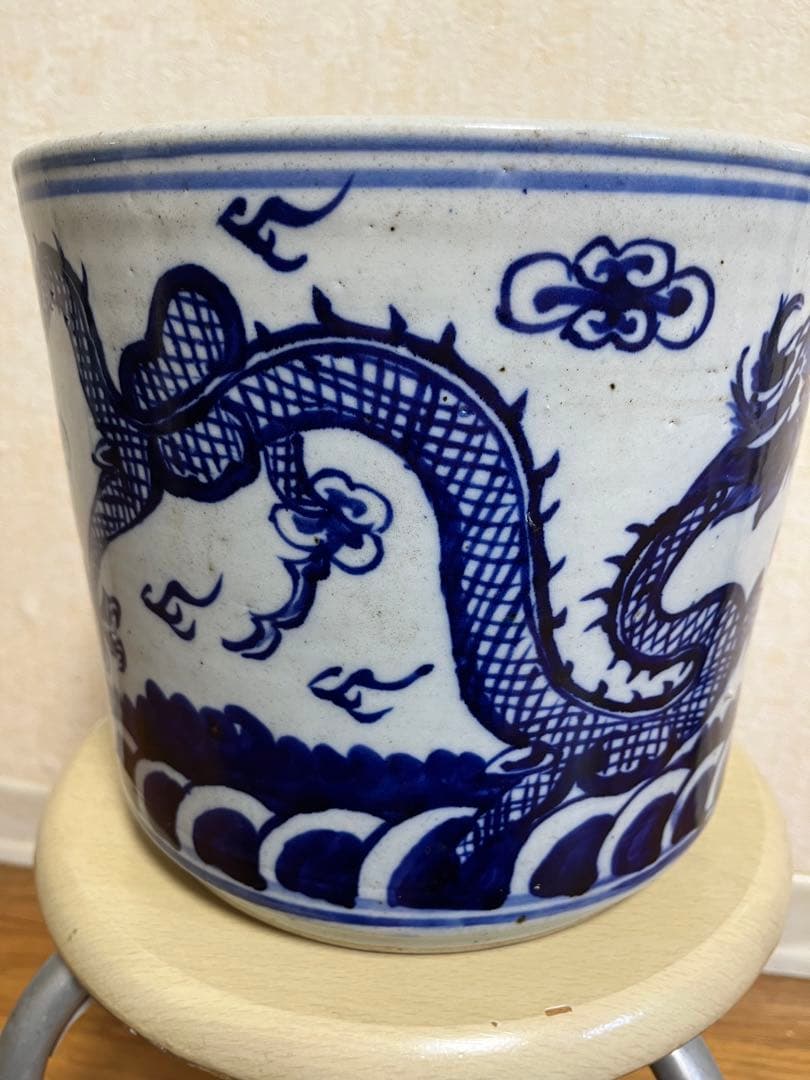 中国清代染付鉢　特大　香炉　筆立　昇龍　縁起物　運気上昇