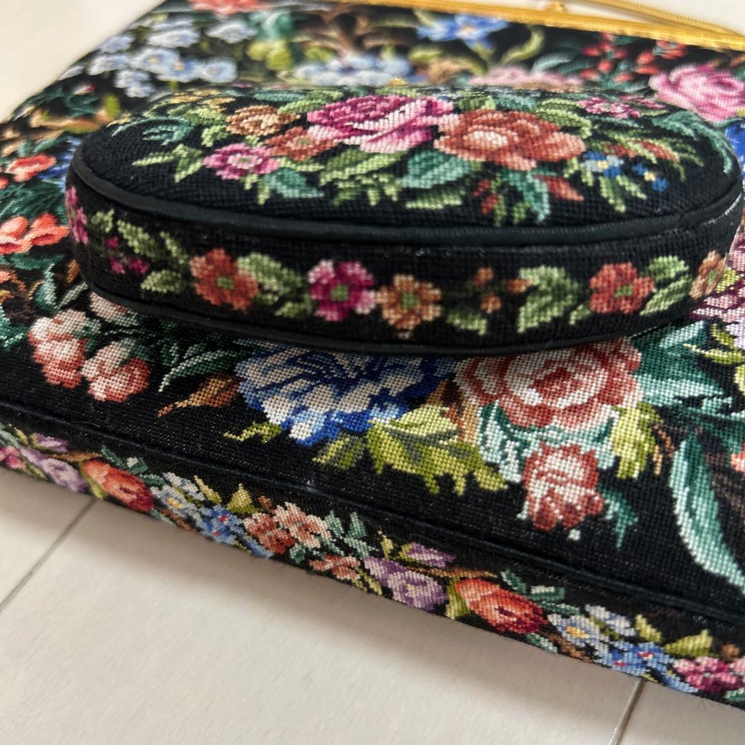 美品◆プチポアン　2WAYアンティークバッグ　花柄刺繍　バッグ＆ケース