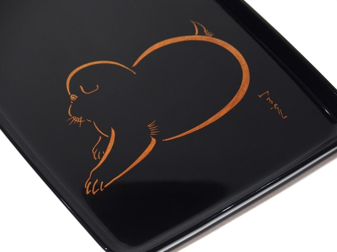 小松芳光作/蒔絵犬図長方盆/加賀蒔絵/石川県無形文化財/共箱