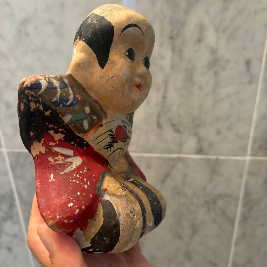 アンティーク約100年前瞳やおでこ、笑顔が美しく着物が素敵な金運、幸福を招く福助