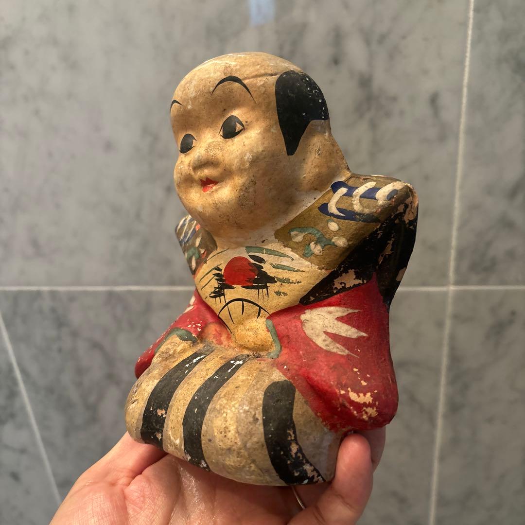 アンティーク約100年前瞳やおでこ、笑顔が美しく着物が素敵な金運、幸福を招く福助