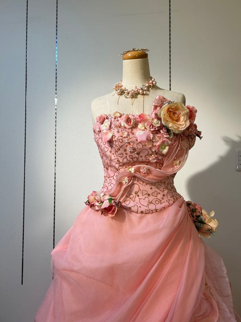 ピンク フラワー装飾 ロングドレス 9〜13T