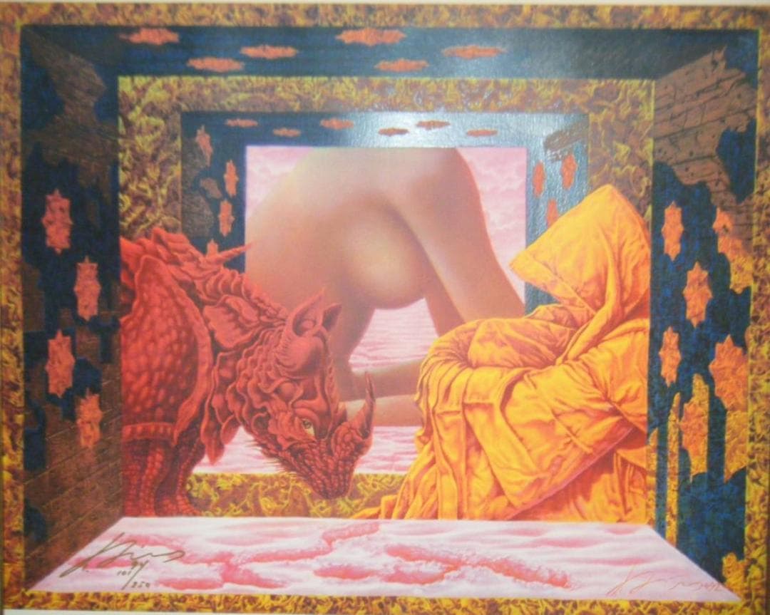 版画　作者不詳　サイン有　ジクレー　寂しい赤いサイ　名品　P193