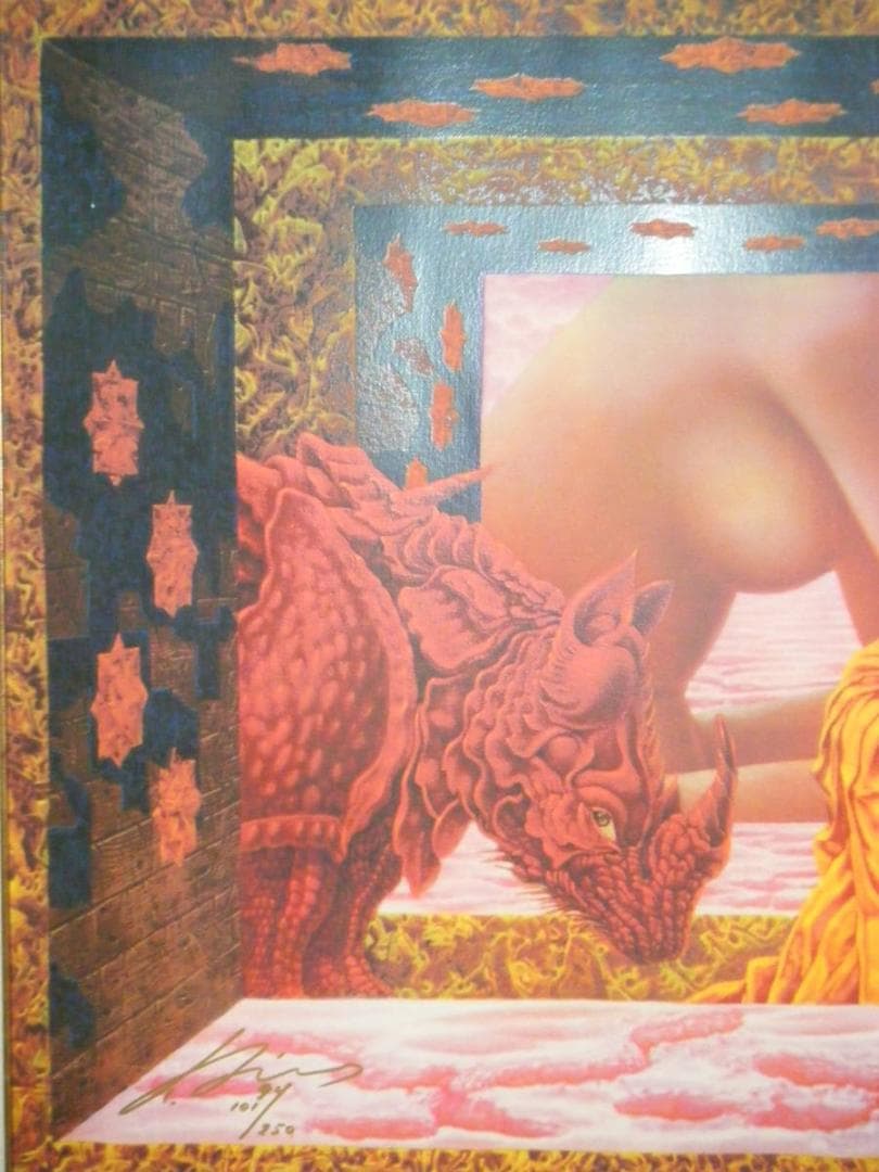 版画　作者不詳　サイン有　ジクレー　寂しい赤いサイ　名品　P193