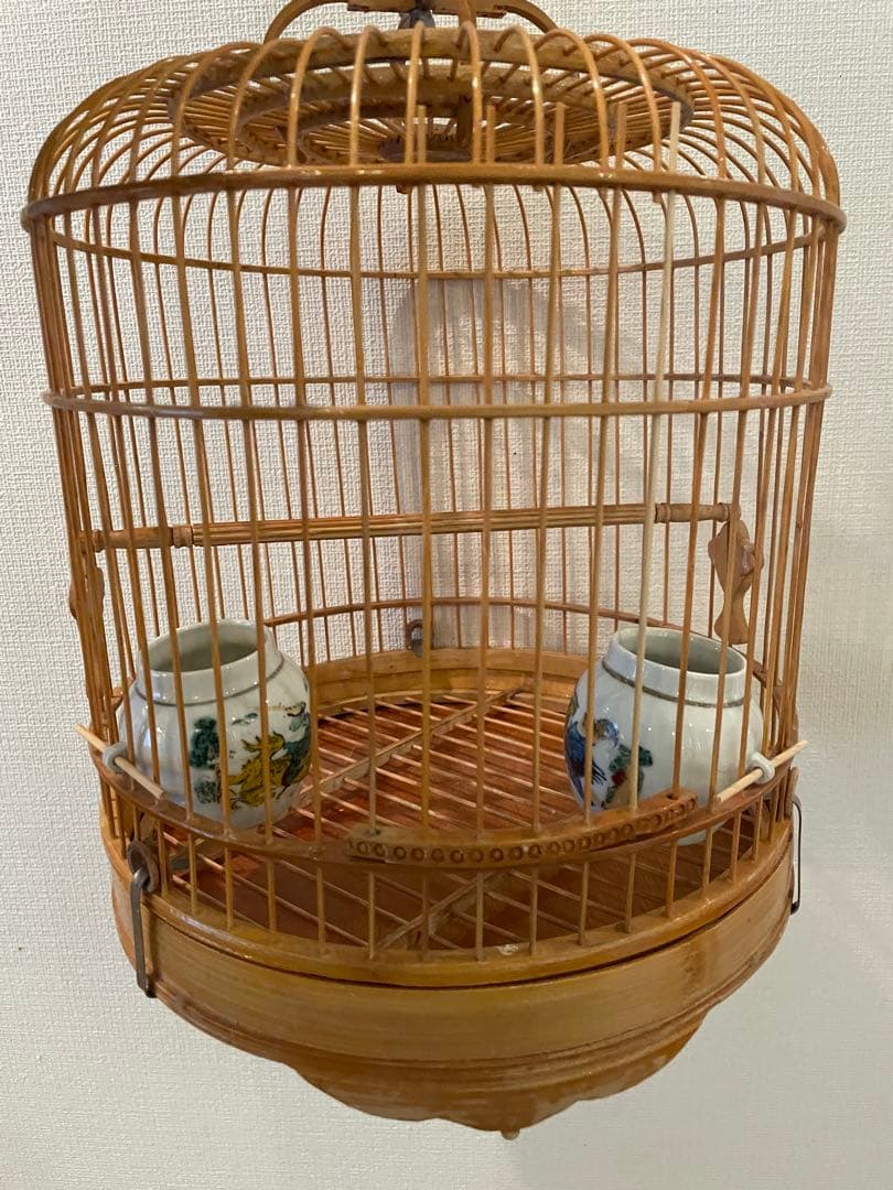 希少❗️竹製 中型鳥かご 陶器水入れ付き