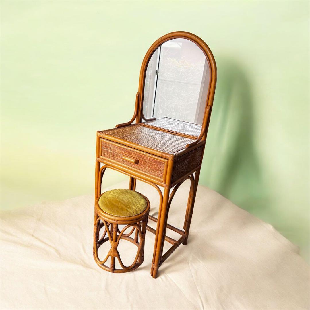 ラタン ドレッサー・鏡台 アーチ型ミラー スツール付 送料込