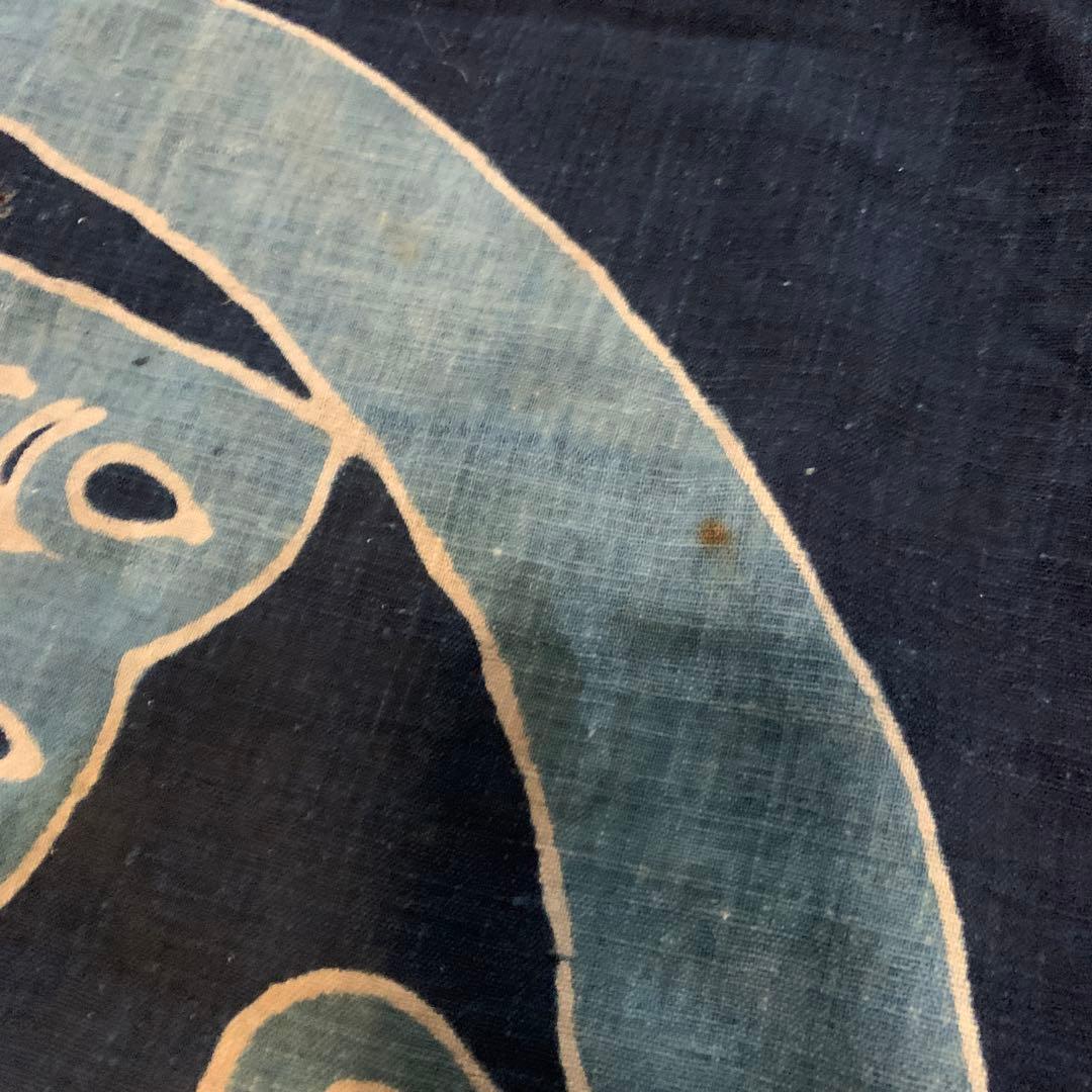 特大！　古布　筒描き　藍染　蝶　浅葱色　幅4枚　丸に揚羽蝶