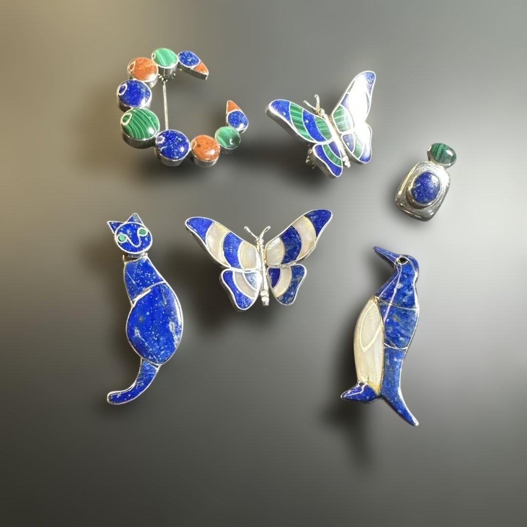猫　ペンギン　蝶　シルバー970 ラピス　マラカイト　ブローチ他　2way