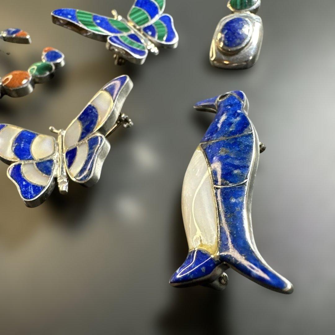 猫　ペンギン　蝶　シルバー970 ラピス　マラカイト　ブローチ他　2way