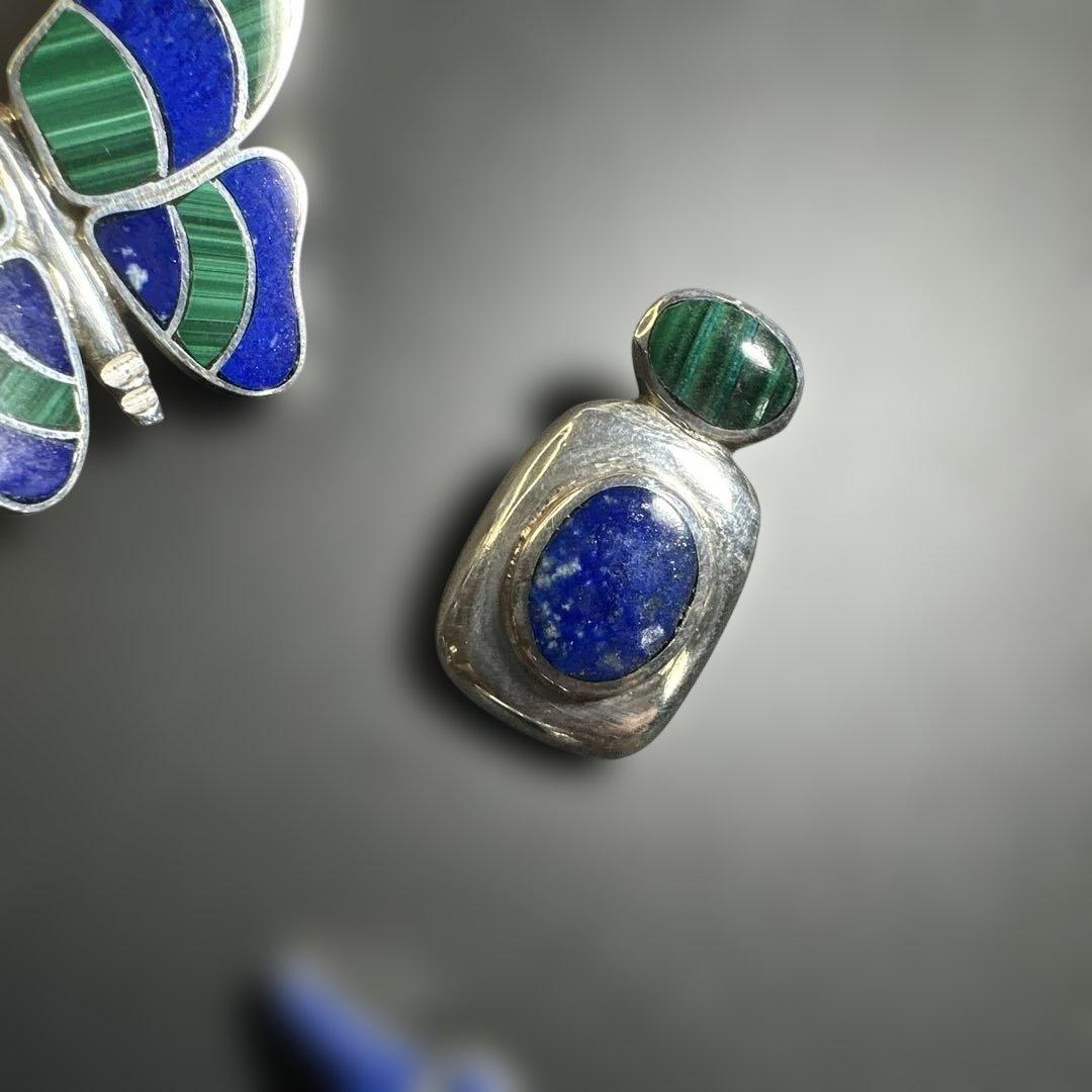 猫　ペンギン　蝶　シルバー970 ラピス　マラカイト　ブローチ他　2way