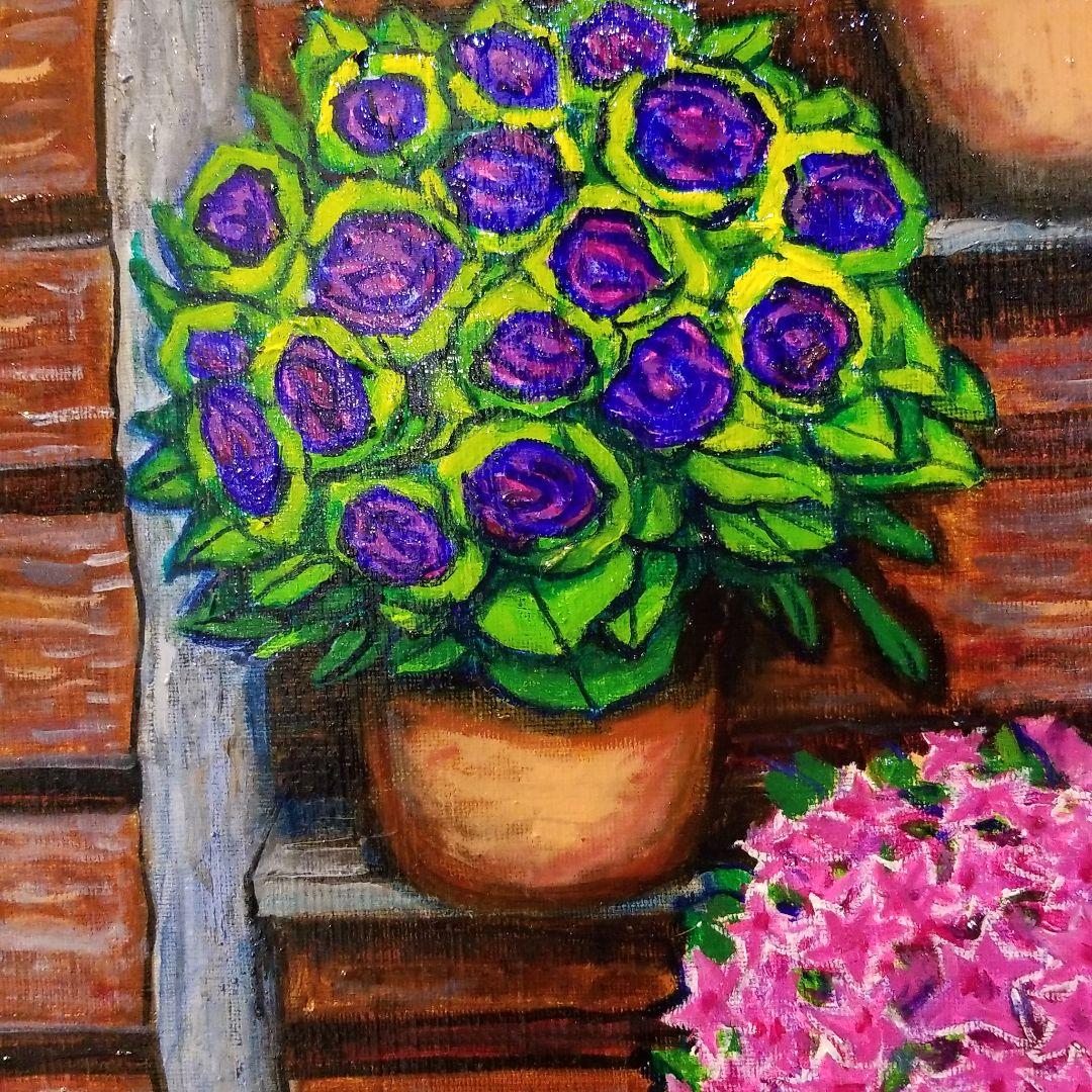 油絵　ゆうみ　はしごに置いた鉢花